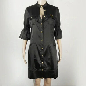 Vintage Y2K 2000s Apple Bottom Satin Black Gold Button Cutout Collar Midi Dress